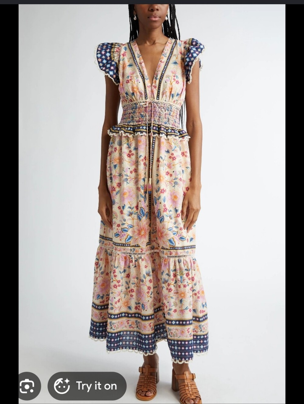 FARM Rio Cream Floral Maxi Dress with Navy Trim
